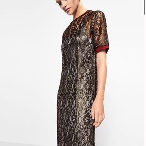 NWOT Zara Trafaluc Black/Gold Floral Lace Print Lace Coverup Dress Size Small